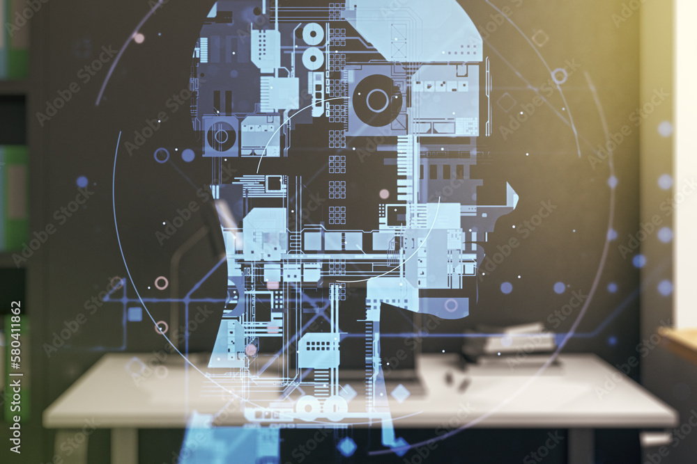 Poster double exposure of creative human head microcircuit and modern desk with computer on background. fut