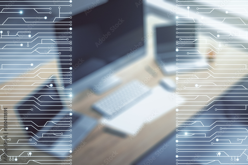 Fototapete Creative concept of microscheme illustration and modern desktop with computer on background. Big data and database concept. Multiexposure