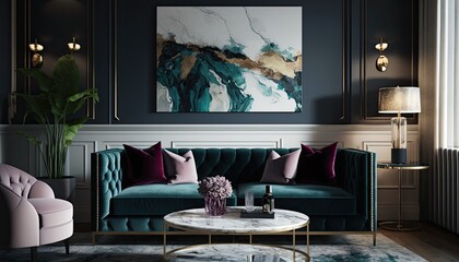 A chic and sophisticated living room with a jewel-toned velvet sofa, a marble coffee table, and statement art on the walls. Soft, warm lighting creates a cozy atmosphere generative ai