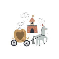 vector illustration of castle, carriage and horse - 580412428