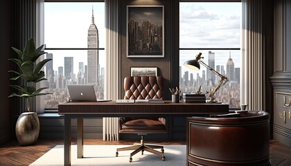 An elegant and sophisticated home office setup with a grand desk and luxurious leather chair on a rooftop terrace overlooking a city skyline during the day. HD, realistic, lighting type. generative ai