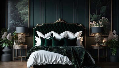 An elegant bedroom featuring a plush, king-size bed with crisp white linens, accentuated by a backdrop of luxurious velvet wallpaper in deep forest green. Soft ambient lighting adds generative ai