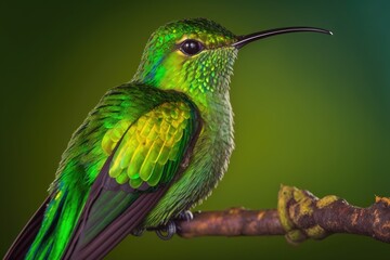 Obraz premium The Green crowned Brilliant, Heliodoxa jacula, is shown against a green background in a very detailed picture from Costa Rica. A tropical forest animal. South American hummingbird with a lot of shine