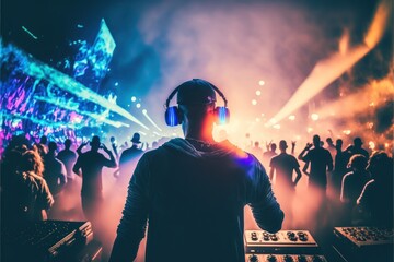A DJ party rave is all about the music, with electronic beats, house, techno, and trance creating an energetic and euphoric atmosphere on the dance floor, GENERATIVE AI - obrazy, fototapety, plakaty