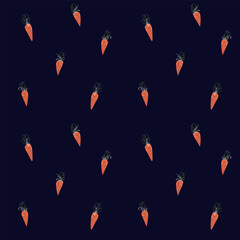 Seamless pattern with cute rabbits (hares), orange carrots in kawaii style, with additional stripes pattern with palette. Smiling hares, kind faces of rabbits with different ears and noses, rosy cheek