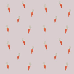 Seamless pattern with cute rabbits (hares), orange carrots in kawaii style, with additional stripes pattern with palette. Smiling hares, kind faces of rabbits with different ears and noses, rosy cheek