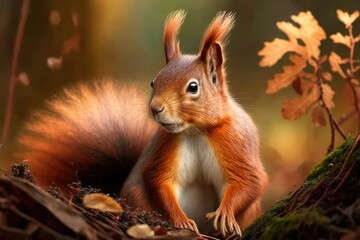 The Eurasian red squirrel (Sciurus vulgaris) in its natural habitat, an autumn forest. A close up picture of a squirrel. Rich, warm colors fill the forest. Generative AI