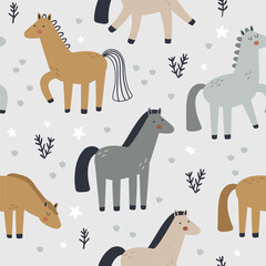 vector seamless boho pattern with cute horses