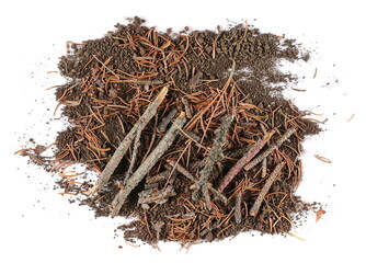Fototapeta premium Pile of soil, twigs of wood, branches and conifer yellow leaves, needles isolated on white background and texture, top view 