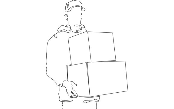 recommend clip art: One continuous line. Courier with parcels. Mail delivery. Postman. Courier in a baseball cap. Parcel in a box. One continuous line drawn isolated, white background.