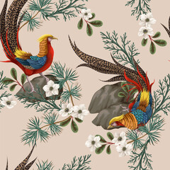 Seamless pattern with gold pleasant and fir branch. Vector.