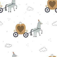 vector seamless pattern with horse and carriage