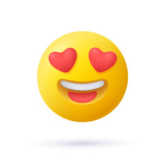Yellow emoji face smile with red hearts instead of eyes and open smile. Feeling in love emoticon. 3d vector icon. Cartoon minimal style.