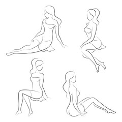 Collection. Woman silhouette in line graphic style. The girl is slim and beautiful. Lady suitable for decor, posters, stickers, logo. vector illustration set.