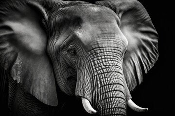 Portrait of an elephant, in black and white, of an African elephant, up close. Generative AI