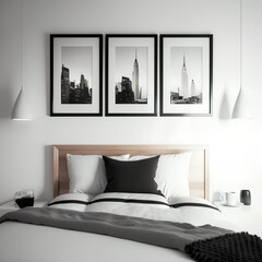 Three Identical Picture Frames, Framed Photos Cityscape, Basic Thin Black Borders Thick White Outlines, Minimalist Modern Bedroom Home Room Interior Wooden Accent Bed, Gallery Wall Art Decor Display