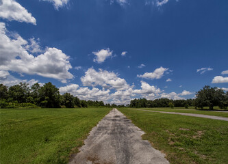 Path stretching across green grass towards blue, summer sky. Implying travel, destination or...