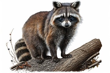 Realistic drawing of a raccoon (Procyon), illustration for an animal encyclopedia, image on white background. Generative AI - obrazy, fototapety, plakaty