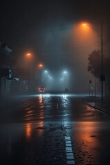 illustration, foggy light in the night city and wet asphalt, ai generative