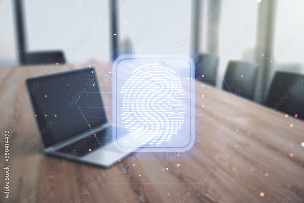 Poster abstract creative fingerprint illustration on modern computer background, personal biometric data co