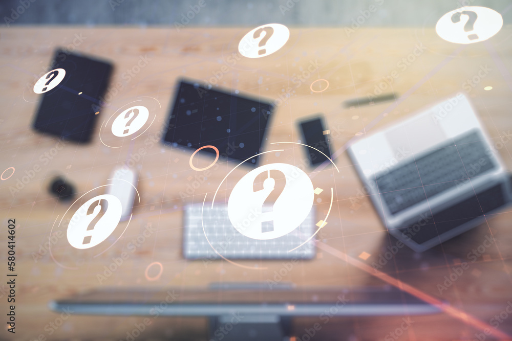 Aufkleber creative abstract question mark sketch on modern laptop background, faq and research concept. double