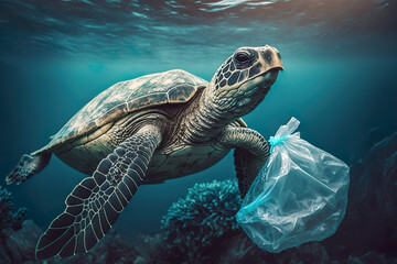 Fototapeta premium Plastic pollution in ocean environmental problem. Turtles with plastic bag. Generative Ai