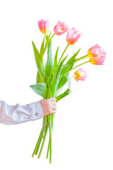 the boy's hand holds a bouquet of tulips on an isolated white background. High quality photo