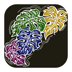 Monstera tropical green leaf drawing. Exotic nature palm plants theme illustration, decorative element for logo design, postcard, party invitation deco, restaurant menu, spa salon. Hand drawing.