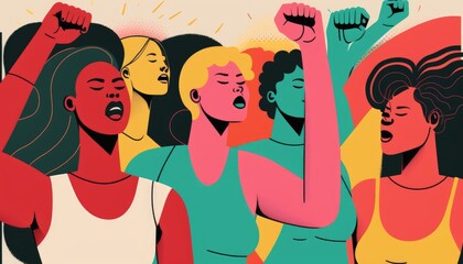 Women with fists in the air, fighting for their rights
