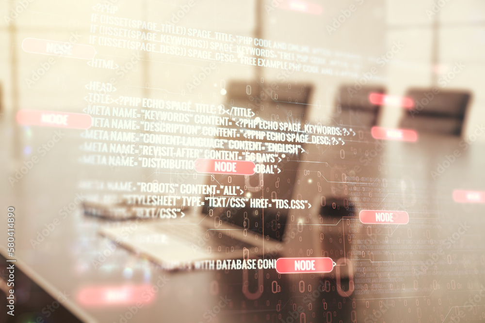 Fototapete double exposure of abstract programming language on laptop background, research and development conc