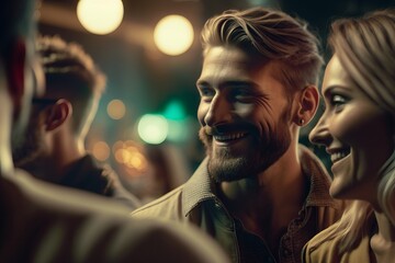 Fototapeta premium Party People socializing on a night out. Happy people smiling, chatting and having fun with friends outdoor at the restaurant or bar.