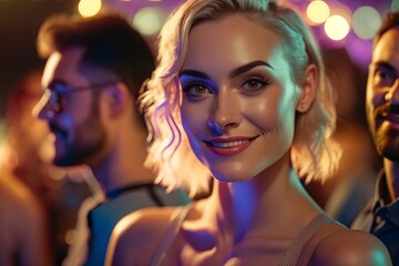 Naklejka premium Party girl socializing on a night out. Happy woman smiling, chatting and having fun with friends outdoor at the restaurant or bar