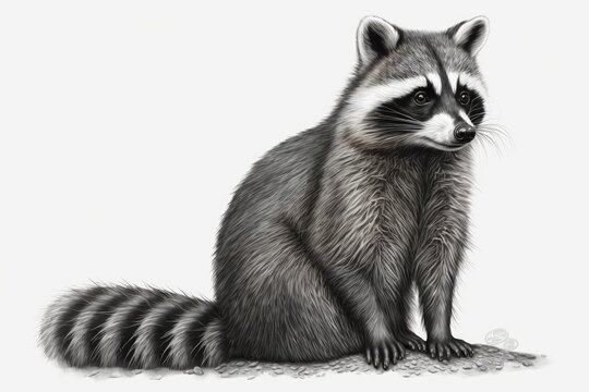 Realistic drawing of a raccoon (Procyon), illustration for an animal encyclopedia, image on white background. Generative AI