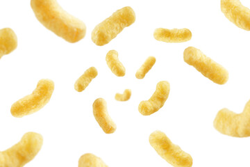 Falling Corn Stick isolated on white background, selective focus