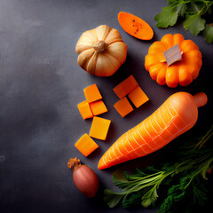 Sweet Potato Butternut Squash Carrots, food background with copy space, Generative AI