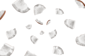 Falling coconut, isolated on white background, full depth of field, selective focus