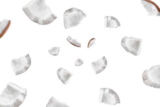 Falling coconut, isolated on white background, full depth of field, selective focus