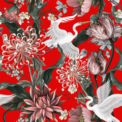 Seamless pattern with white heron and chrysanthemum, golden-daisy. Vector.