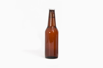 Full brown beer bottle with water drops on it. Mockup isolated over white background. 3d rendering.