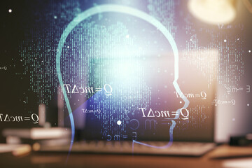 Creative artificial Intelligence concept with human head sketch on modern computer background. Double exposure