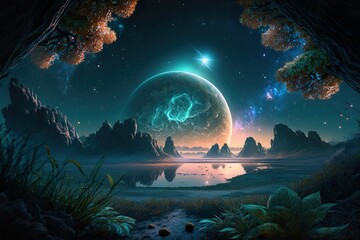 Naklejka premium Stunning Night extraterrestrial scene. Huge mountains against Starry sky. Fantasy landscape. Alien planet. Photorealistic Generative AI illustration.