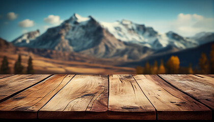 rocky mountain, wooden table with blurred background, Generative AI