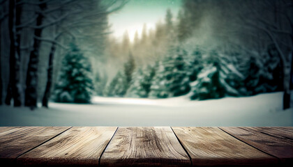 snowy forest, wooden table with blurred background, Generative AI