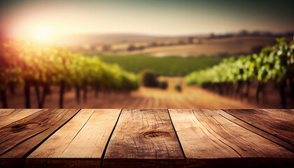 vineyard, wooden table with blurred background, Generative AI