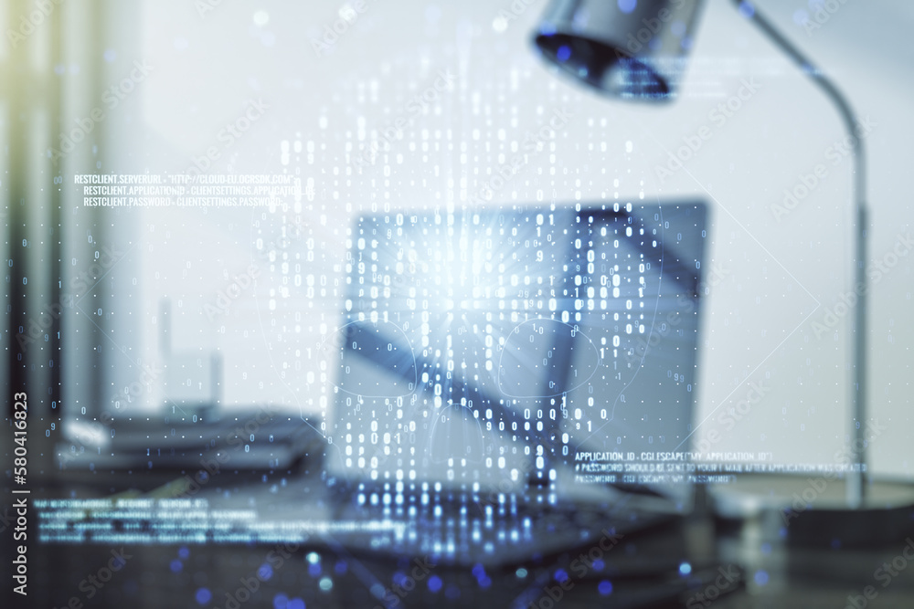Poster creative concept of code skull illustration on modern laptop background. hacking and phishing concep