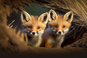 Fototapeta premium Red fox cubs, which are called vulpes vulpes, are looking at the camera in the field. Cute fox brother or sister exploring the countryside. Cute baby animals coming out of their burrows without their