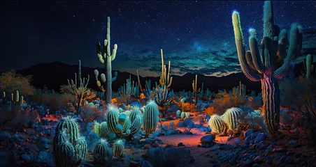 Foto op Canvas Bioluminescent Sonoran desert at night with cactus by generative AI © Gary