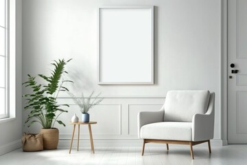Interior with white walls, wooden floor, comfortable white armchair and plant in vase. Mock up poster frame