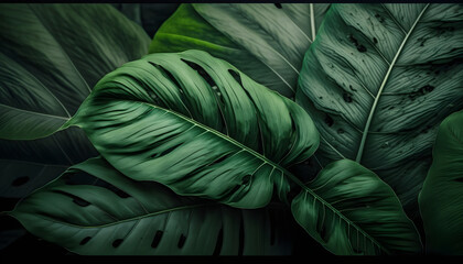 Leaves of Spathiphyllum cannifolium, abstract green texture, nature background, tropical leaf - Ai generative
