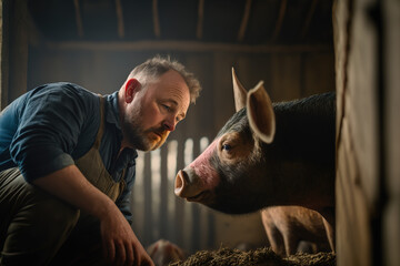 Male rancher on a farm, with his pigs. generate by ai